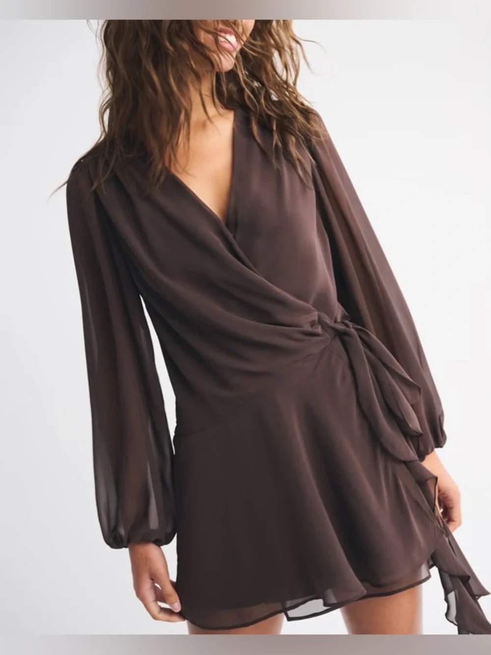 Abercrombie & Fitch Long-Sleeve Plunge Wrap Mini Brown Size XL - Picture 1 of 7
